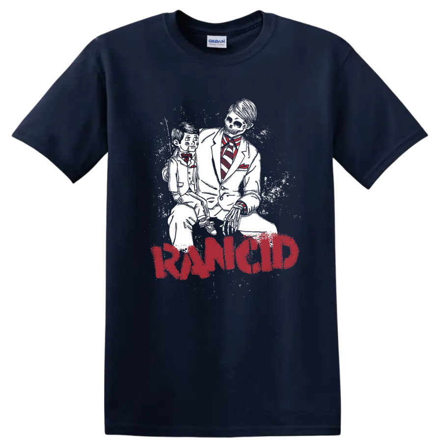 Rancid distressed red logo with gritty black-and-white punk performance artwork on a Navy (Blue) T Shirt