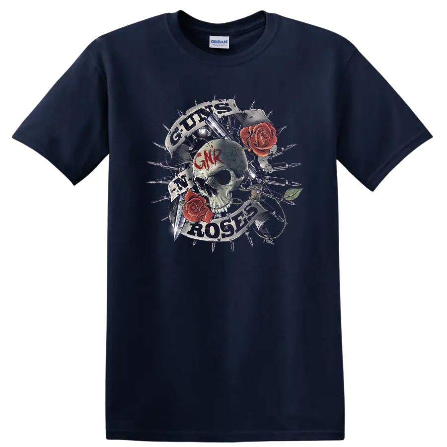 Guns N' Roses skull and red roses graphic with GNR lettering and distressed rays on a Navy (Blue) T Shirt