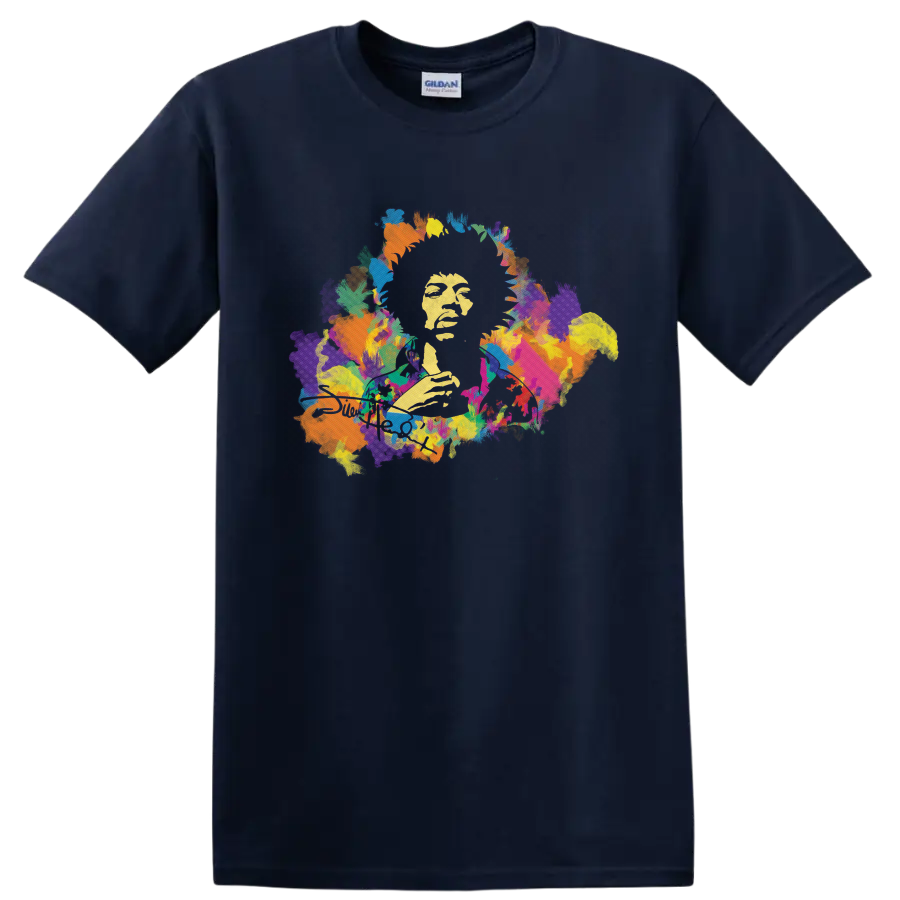 Jimi Hendrix psychedelic guitar portrait with colorful paint splashes on a Navy (Blue) T Shirt