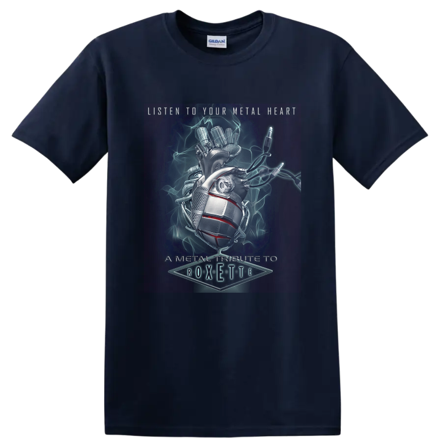 Roxette metal tribute with horns hand, microphone, neon smoke, and Metal Heart text on a Navy (Blue) T Shirt