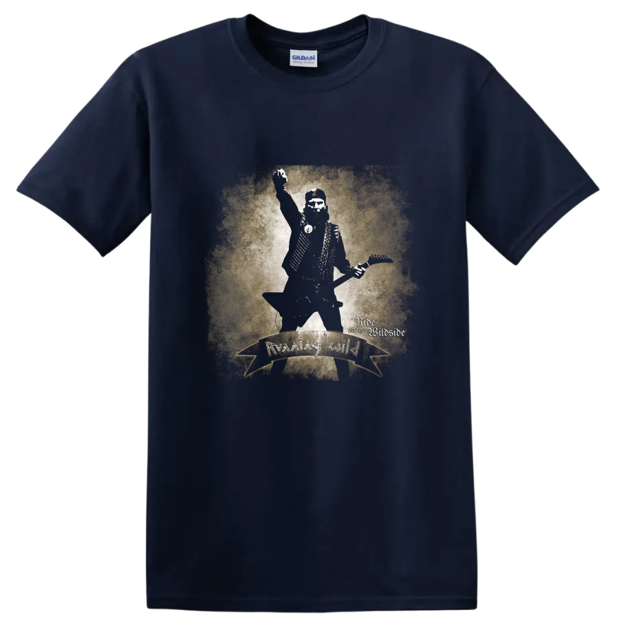 Running Wild distressed skeleton guitarist with Ride on the Wildside lettering on a Navy (Blue) T Shirt