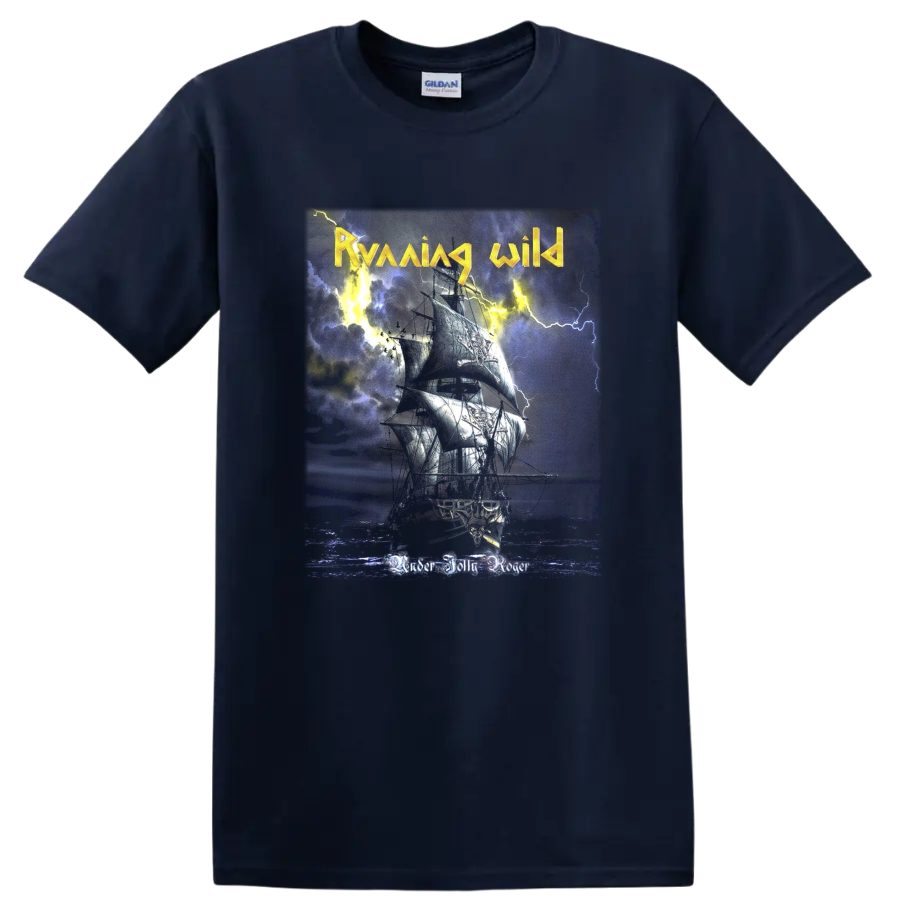 Running Wild Riding the Storm artwork with rider, horse, lightning, and distressed texture on a Navy (Blue) T Shirt