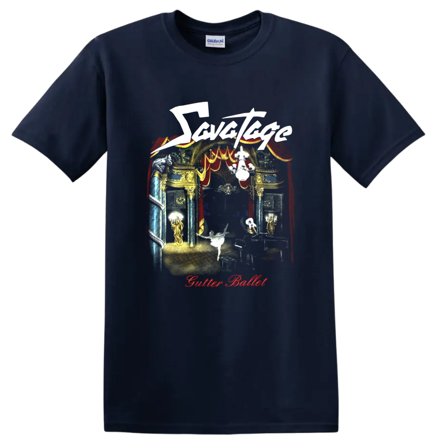 Savatage Gutter Ballet theatrical stage art with red curtains and ornate gold details on a Navy (Blue) T Shirt