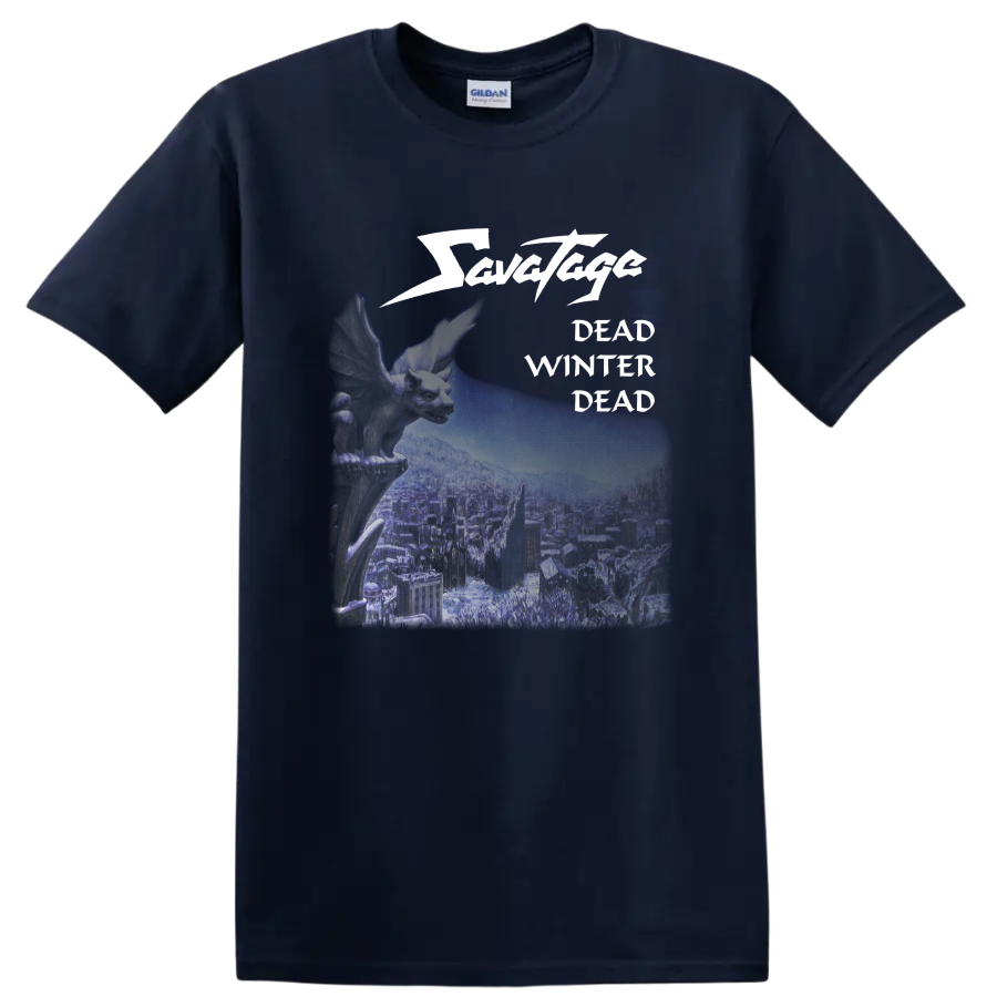 Savatage Dead Winter Dead winged creature and wintry city metal graphic on a Navy (Blue) T Shirt
