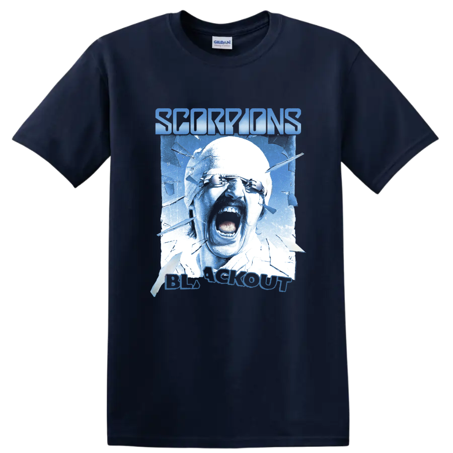 Scorpions Blackout screaming face with shattered glass in icy blue on a Navy (Blue) T Shirt