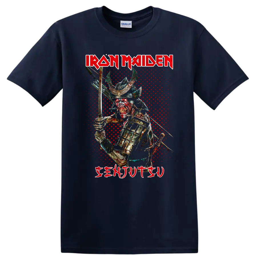 Iron Maiden Senjutsu Samurai Eddie sword warrior in distressed heavy metal horror art on a Navy (Blue) T Shirt