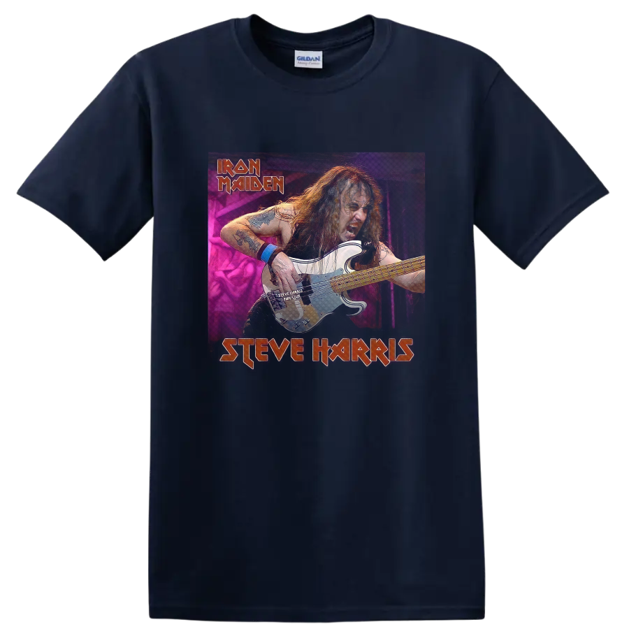 Steve Harris playing bass in a neon Iron Maiden Running Free Live-inspired graphic on a Navy (Blue) T Shirt