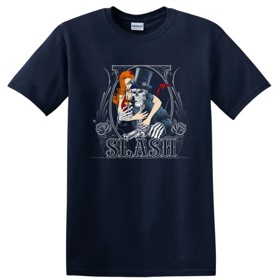 Slash guitarist portrait in top hat with devil horns and distressed rock poster style on a Navy (Blue) T Shirt