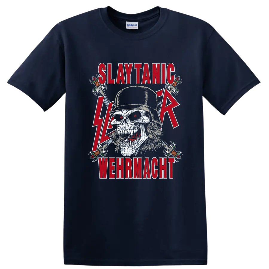 Slayer Slaytanic Wehrmacht skull graphic with red lettering and lightning bolts on a Navy (Blue) T Shirt