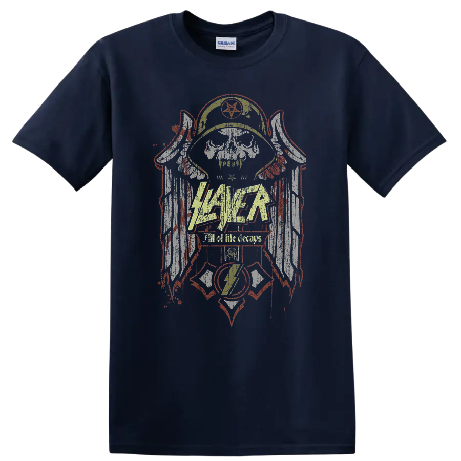 Slayer All Life Decays emblem with distressed skull and pentagram metal artwork on a Navy (Blue) T Shirt