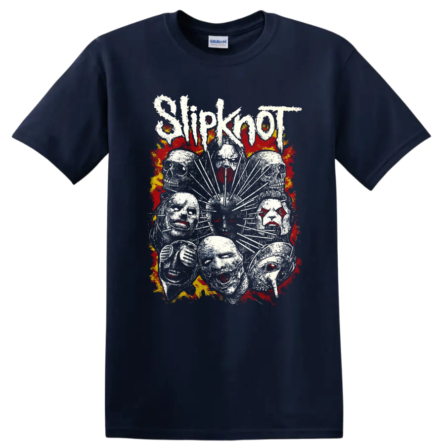 Distressed Slipknot mask cluster with jagged lettering and fiery flame artwork on a Navy (Blue) T Shirt
