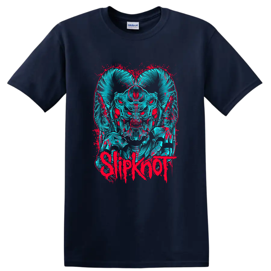 Slipknot horned skull mask in cyan and red distressed splatter art on a Navy (Blue) T Shirt