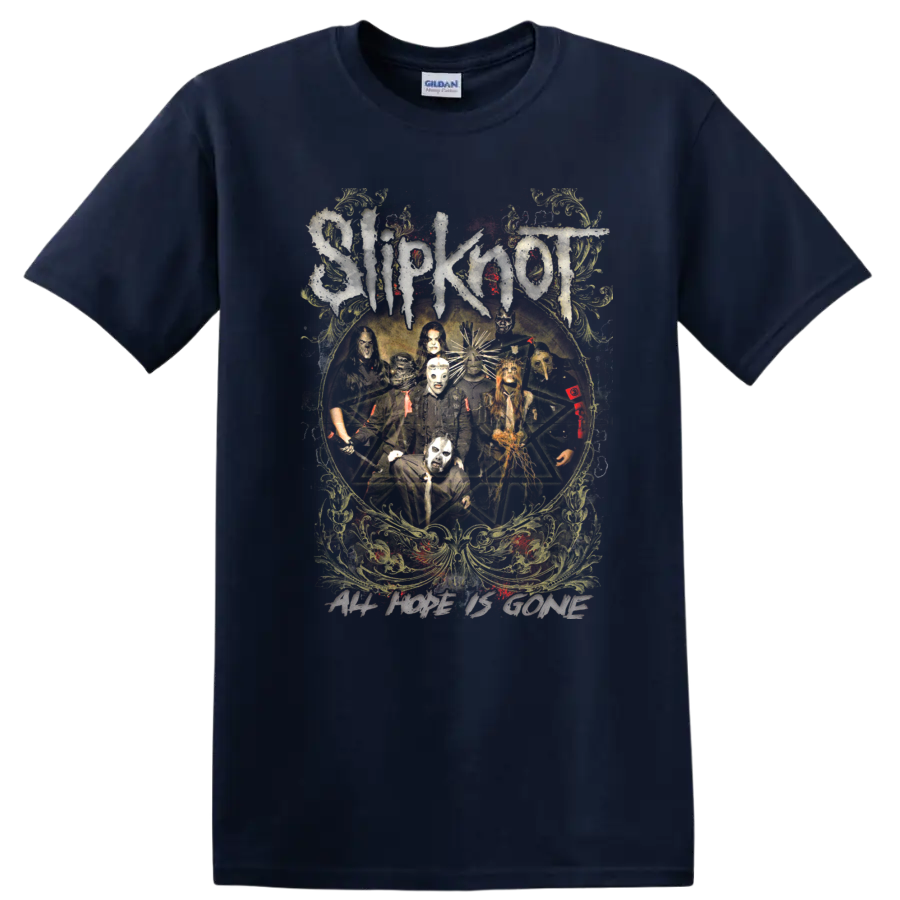 Slipknot masked band pentagram artwork with fiery distressed ornamental details on a Navy (Blue) T Shirt