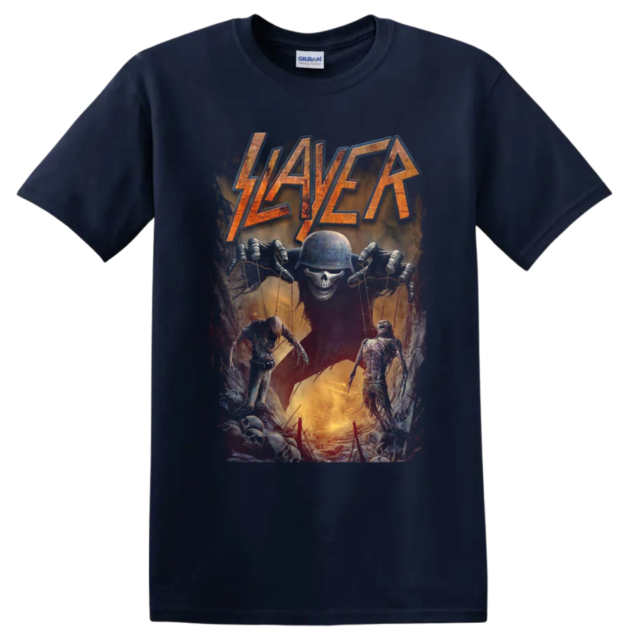 Distressed Slayer logo above a skull puppet master with skeletal horror figures on a Navy (Blue) T Shirt