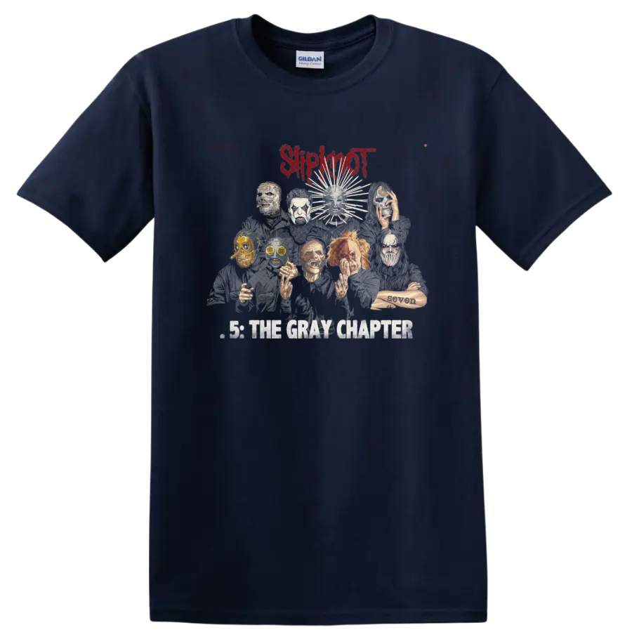 Slipknot .5 The Gray Chapter mask collage with distressed red logo on a Navy (Blue) T Shirt