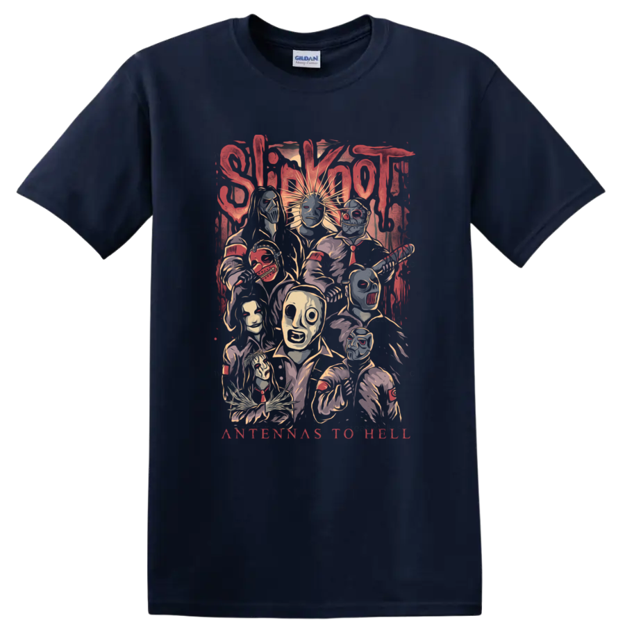 Slipknot Antennas to Hell masked band portrait collage in distressed horror style on a Navy (Blue) T Shirt