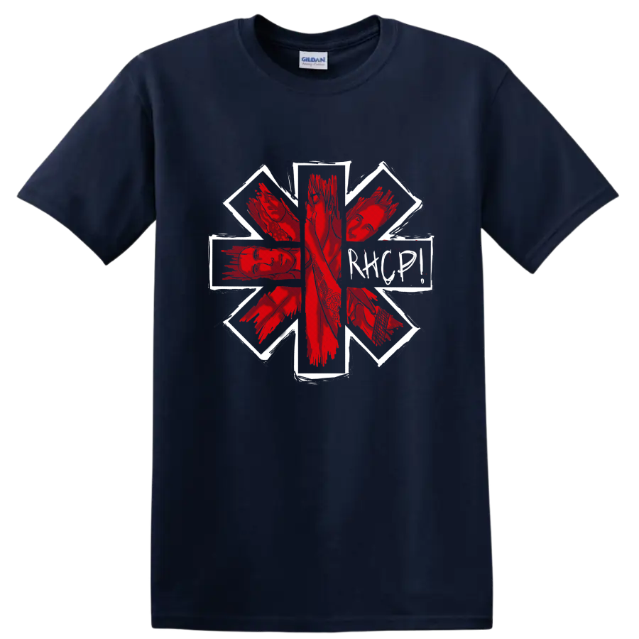 Lovejoy Second To One red hand collage with white geometric frame on a Navy (Blue) T Shirt