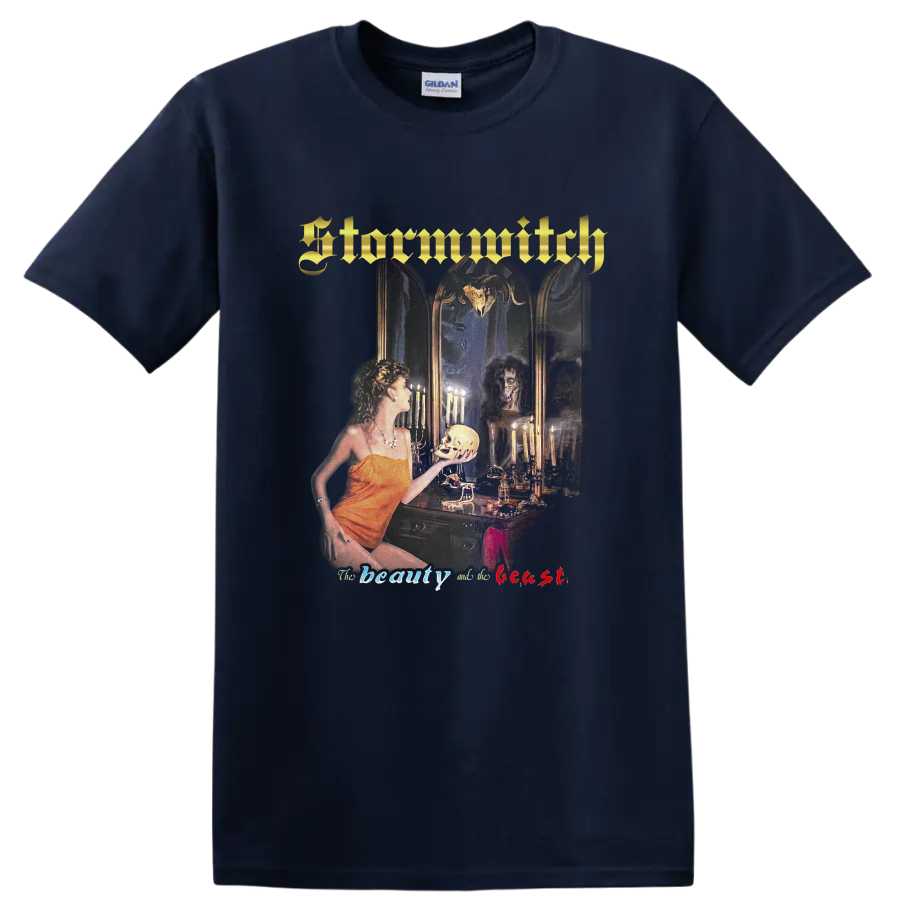 Stormwitch gothic fantasy artwork with woman, skull, candles, and ornate gold logo on a Navy (Blue) T Shirt