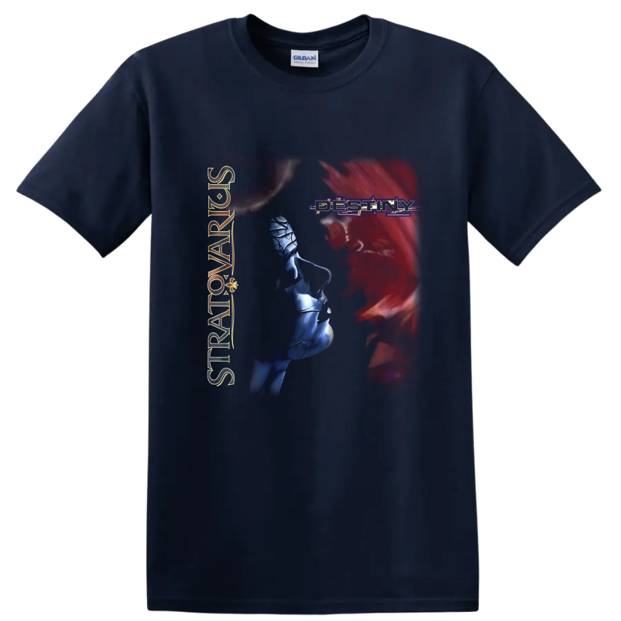 Stratovarius Destiny logo with red portrait silhouette and blue fantasy figure artwork on a Navy (Blue) T Shirt