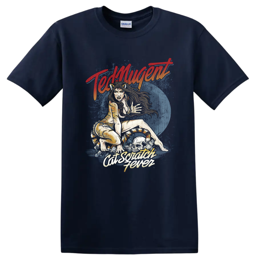Ted Nugent Cat Scratch Fever retro illustration with wild cat and blue moon on a Navy (Blue) T Shirt