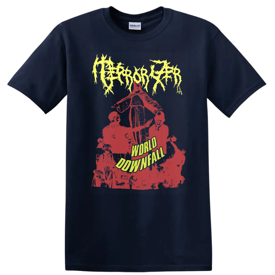 Terrorizer World Downfall distressed red collage with jagged yellow logo on a Navy (Blue) T Shirt