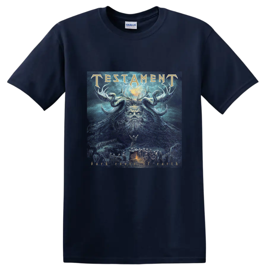 Testament Dark Roots of Earth horned figure artwork with gold band lettering on a Navy (Blue) T Shirt