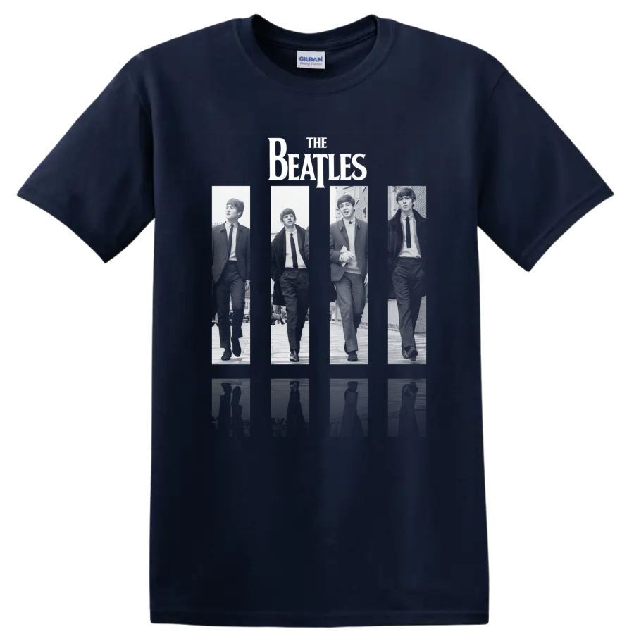 The Beatles retro rock band logo-inspired graphic on a Navy (Blue) T Shirt