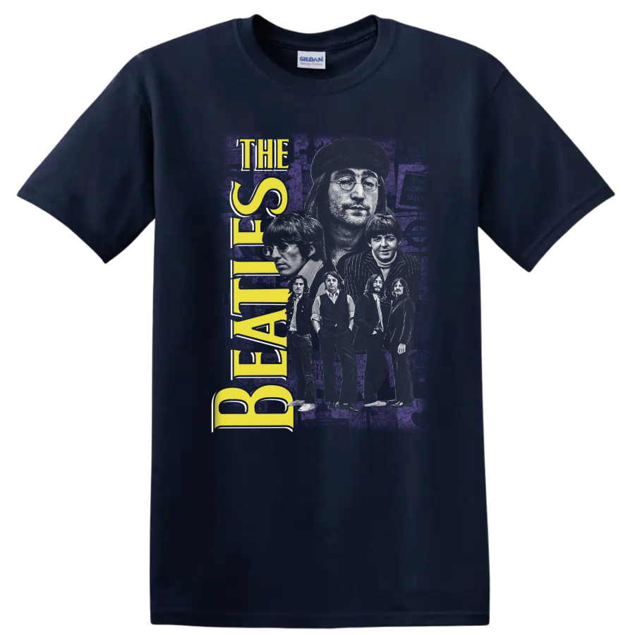 The Beatles white band silhouette with yellow lettering on distressed purple rock art on a Navy (Blue) T Shirt