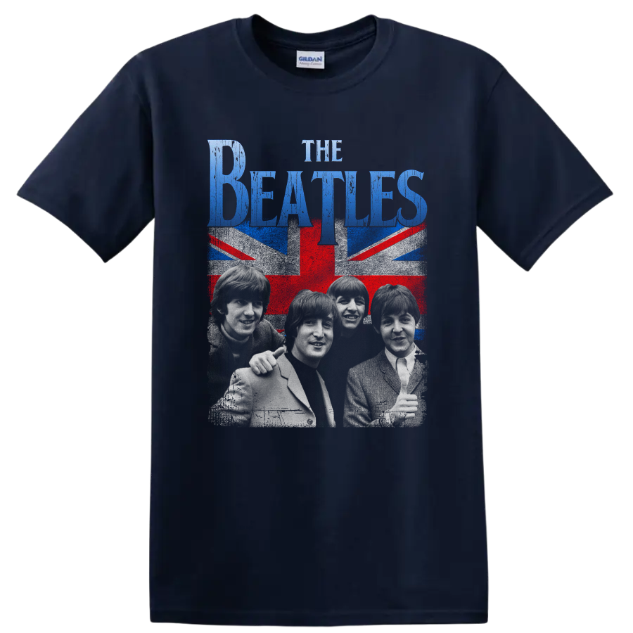The Beatles portrait with distressed Union Jack and blue band lettering on a Navy (Blue) T Shirt