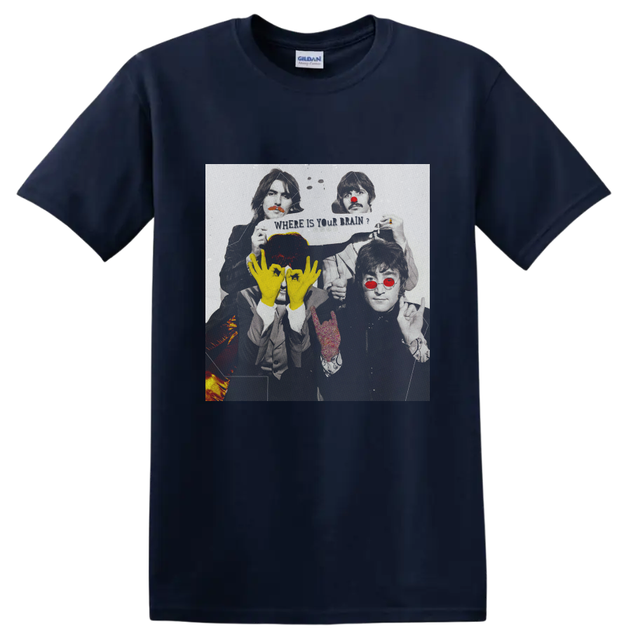 The Beatles Lennon and McCartney distressed pop art portrait with yellow hand symbols on a Navy (Blue) T Shirt
