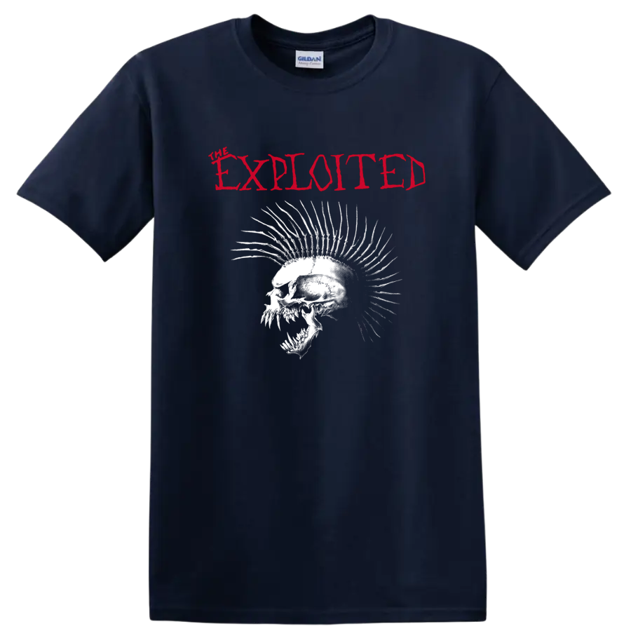 The Exploited red logo above distressed white skull with dramatic mohawk spikes on a Navy (Blue) T Shirt