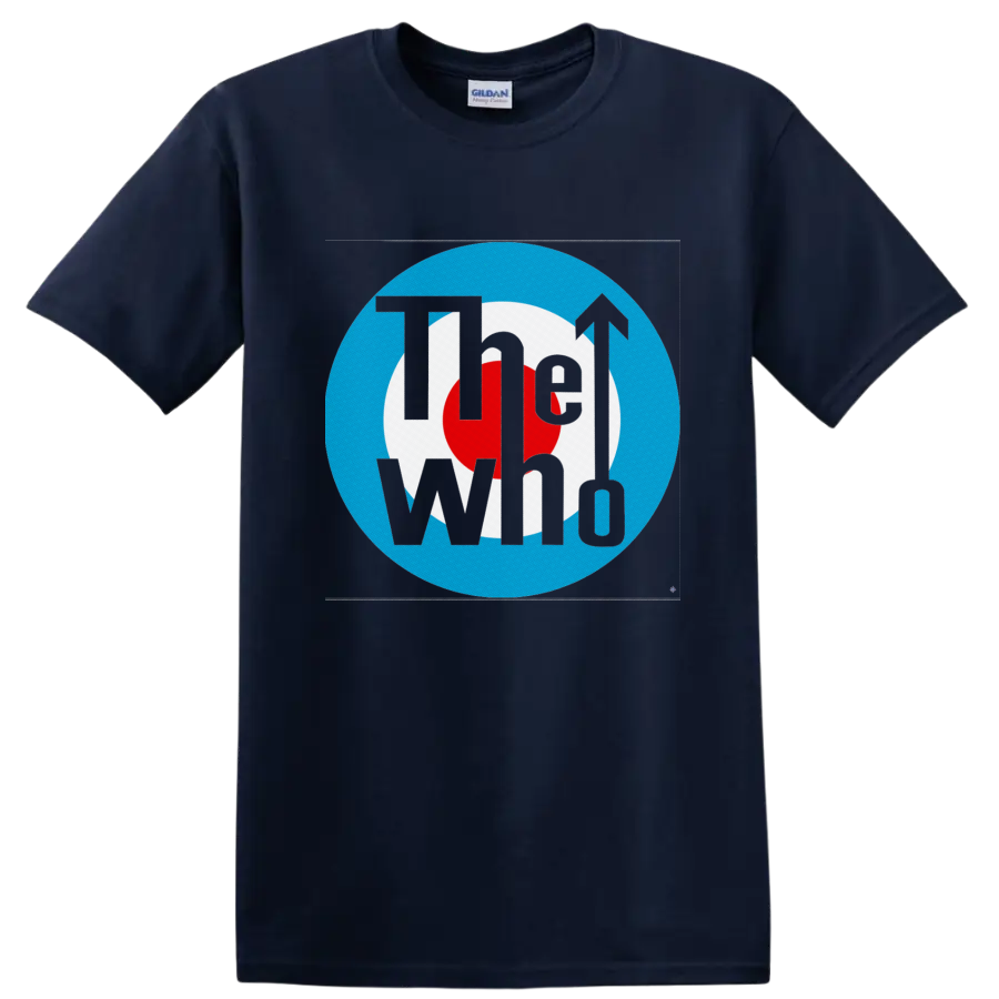The Who black logo over red, white, and blue mod target emblem with arrow on a Navy (Blue) T Shirt