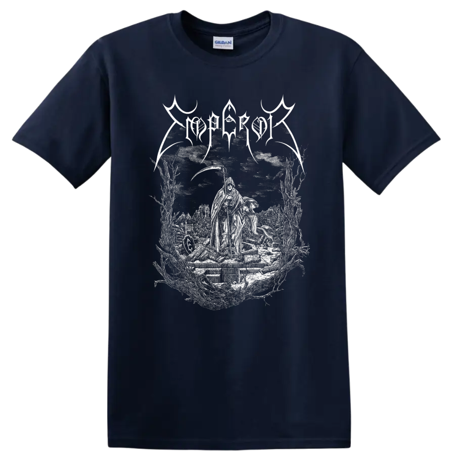 Mgła Age of Excuse hooded figure and graveyard gothic illustration on a Navy (Blue) T Shirt