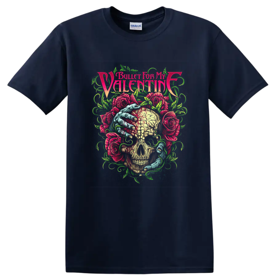 Bullet for My Valentine skull and roses neon rock metal graphic on a Navy (Blue) T Shirt