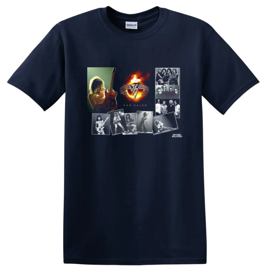 Van Halen fiery winged VH logo with guitar player in vintage rock graphic style on a Navy (Blue) T Shirt