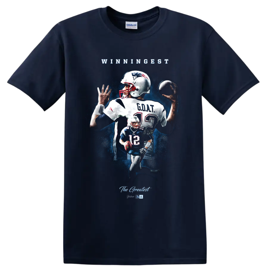 Tom Brady Patriots number 12 football collage with WINNINGEST and GOAT text on a Navy (Blue) T Shirt