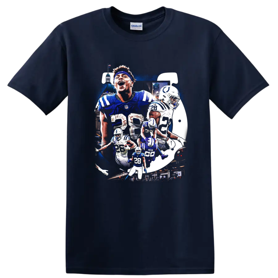 Jonathan Taylor Indianapolis Colts No. 28 football action collage with helmet art on a Navy (Blue) T Shirt