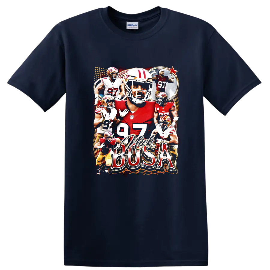 Jimmy Garoppolo San Francisco 49ers football collage with number 97 and red gold action on a Navy (Blue) T Shirt