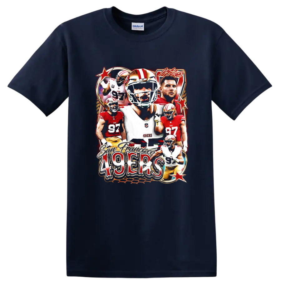 George Kittle, Christian McCaffrey and Nick Bosa 49ers football collage with 49ers text on a Navy (Blue) T Shirt