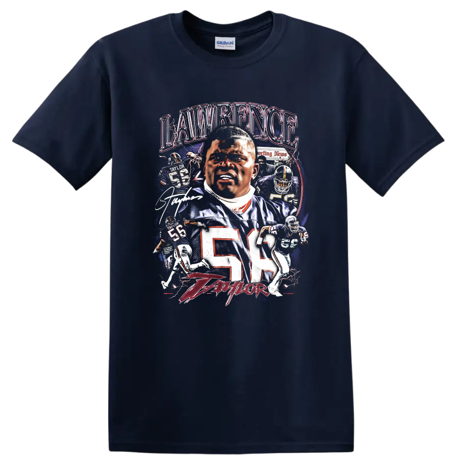 Lawrence Taylor New York Giants number 56 football collage with lightning and action art on a Navy (Blue) T Shirt