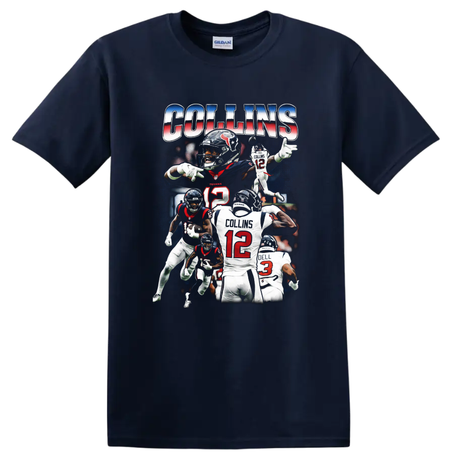C.J. Stroud and Nico Collins Houston Texans football action collage with COLLINS text on a Navy (Blue) T Shirt