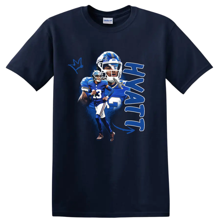 Jalin Hyatt New York Giants football action collage with number 13 and blue paint splashes on a Navy (Blue) T Shirt