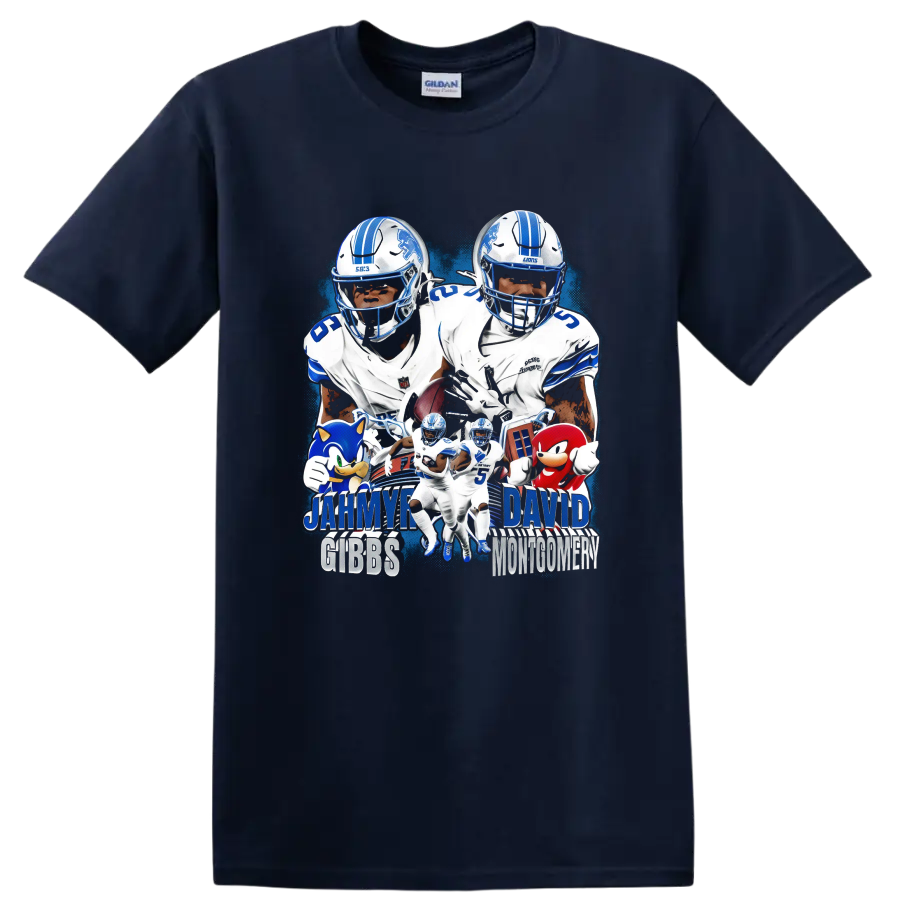 Jahmyr Gibbs and David Montgomery Detroit Lions football collage with blue action effects on a Navy (Blue) T Shirt
