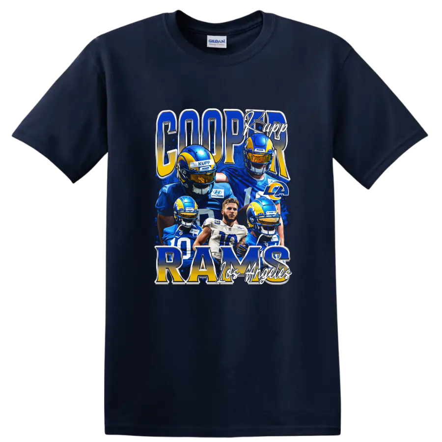 Cooper Kupp Rams football player collage with blue and gold metallic lettering on a Navy (Blue) T Shirt