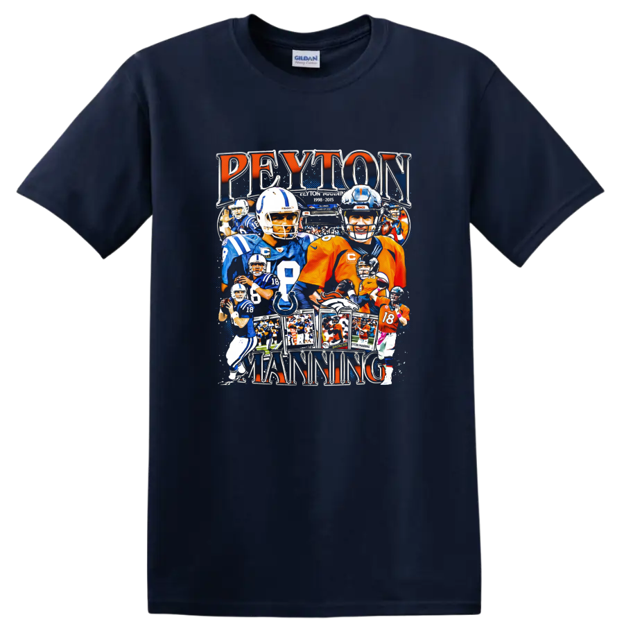 Peyton Manning Colts and Broncos football collage with bold Peyton Manning lettering on a Navy (Blue) T Shirt