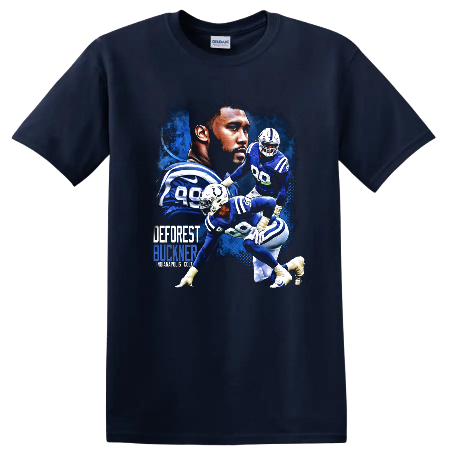 DeForest Buckner Indianapolis Colts defensive action collage with bold blue lettering on a Navy (Blue) T Shirt