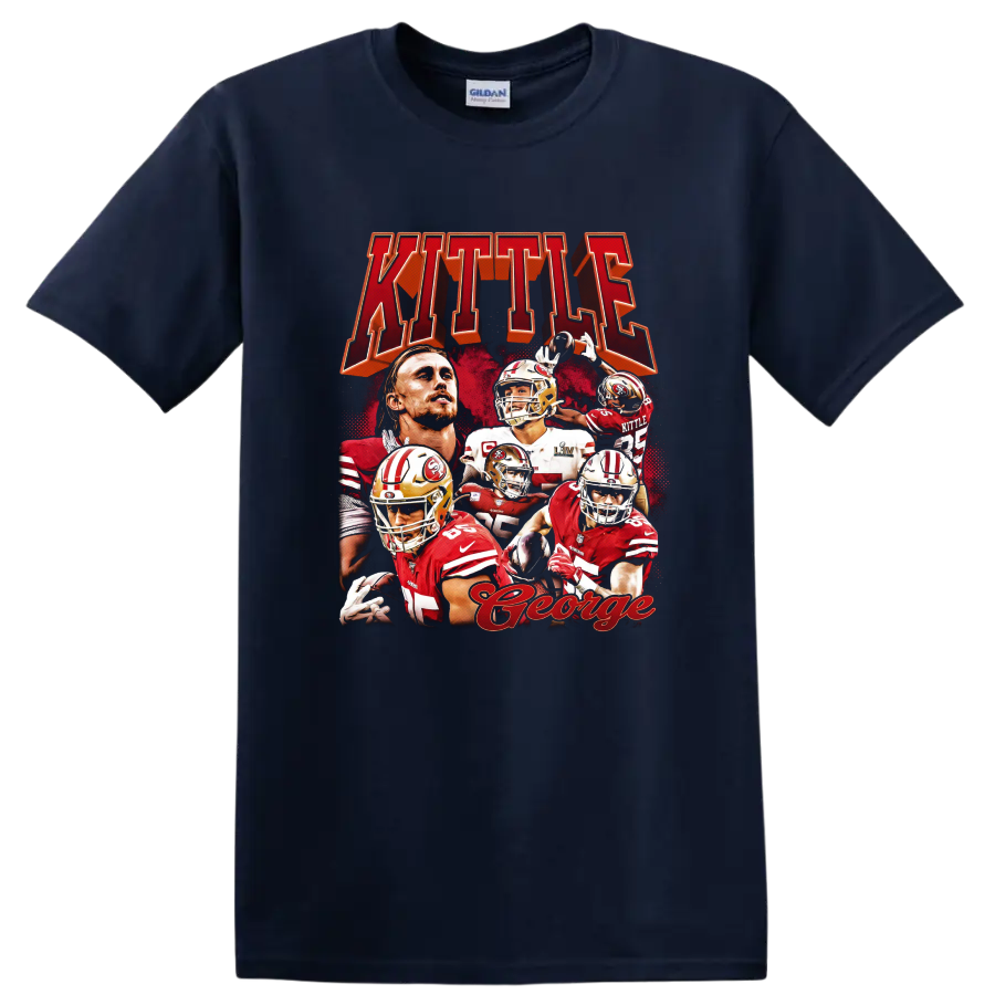 George Kittle San Francisco 49ers red and gold football action collage with KITTLE text on a Navy (Blue) T Shirt