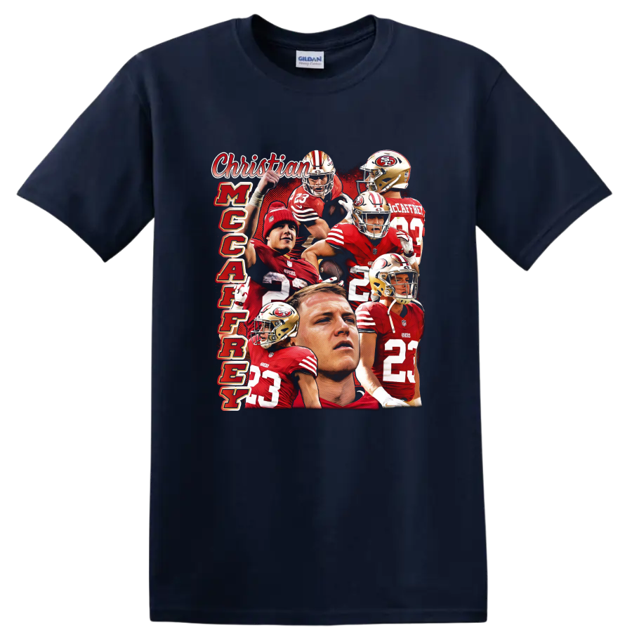 Christian McCaffrey 49ers number 23 action collage with vertical McCaffrey text on a Navy (Blue) T Shirt