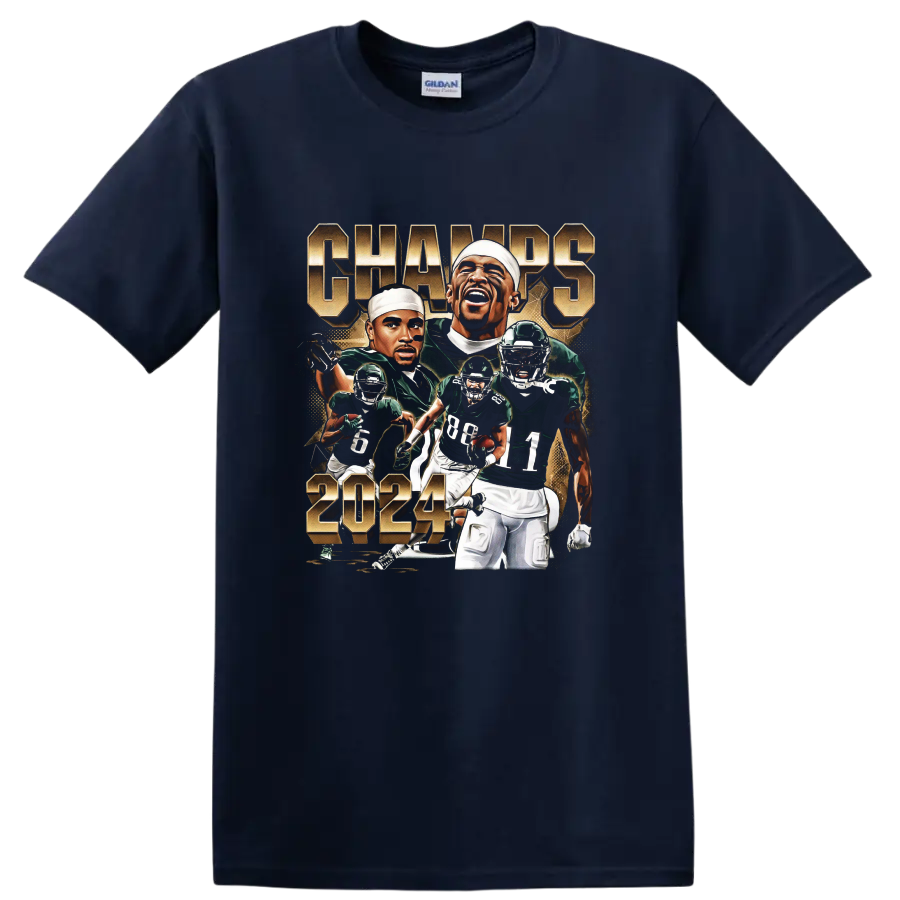 Jalen Hurts Philadelphia Eagles 2024 action portrait collage with CHAMPS lettering on a Navy (Blue) T Shirt