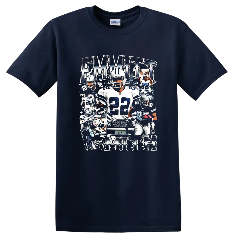 Emmitt Smith Dallas Cowboys number 22 football action collage with metallic lettering on a Navy (Blue) T Shirt